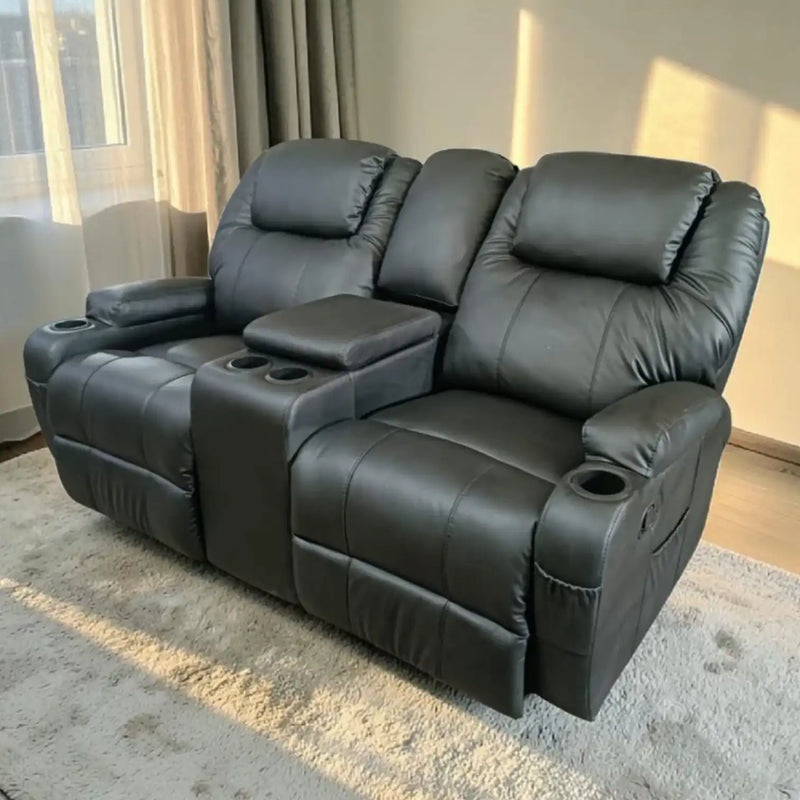 Matt | Two Seater With Console | Manual Recliner | Leatherite | SD Black