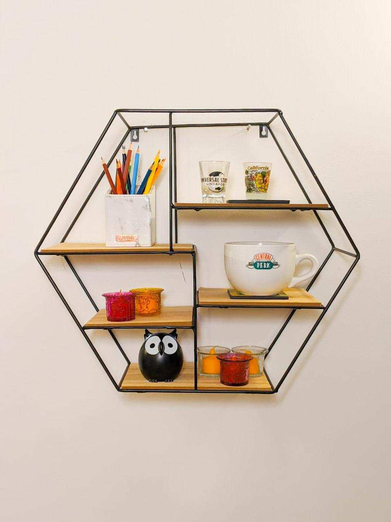 HEXAGON GEOMETRIC METAL AND WOODEN WALL MOUNTED SHELF - interiorinsight.pk